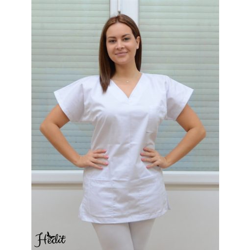 Fehér tunika, női munkaruha felső, női munkaruházat egészségügyi és óvodai dolgozóknak