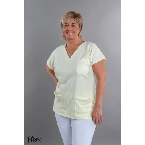 Halványsárga pamut felső, női tunika munkaruha egészségügyi és óvodai dolgozóknak