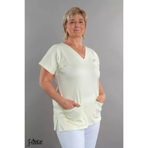 Halványsárga pamut felső, női tunika munkaruha egészségügyi és óvodai dolgozóknak